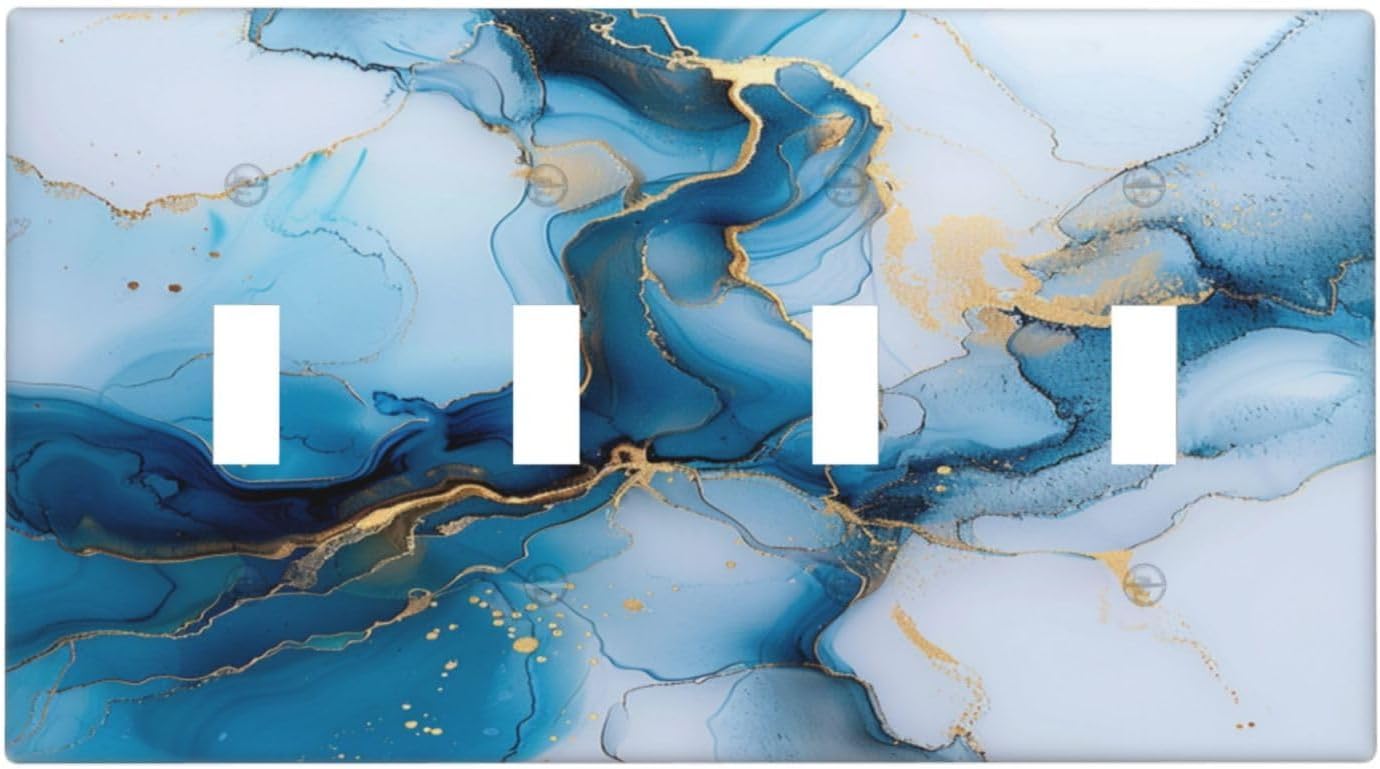 Decorative Switch Covers Plate Modern Abstract Blue Gold Line Marble 4 Gang Artistic Wall Plate Unique Quad Toggle Light Switch Plate Jumbo Faceplate for Kitchen Bedroom Home Decor