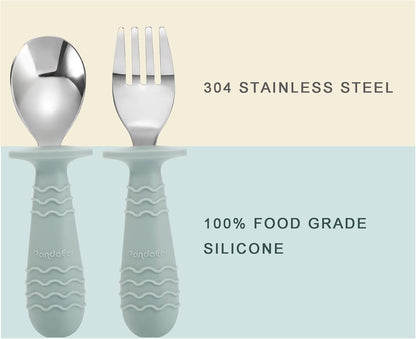 PandaEar 4 Set Baby Toddler Silicone Stainless Steel Utensils Silverware Spoon Fork for Baby Toddler BPA Free with Silicone Holding Anti-Choke Design