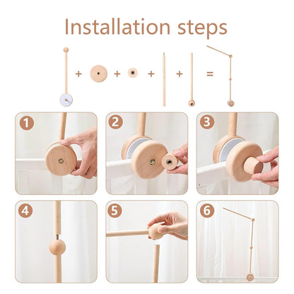 Baby Crib Mobile Arm Wooden Holder with Rotating Music Box Nursery Decor Attachment Safe Anti Slip Set for Baby Girls Boys Nursery Decor