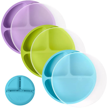 WeeSprout Silicone Plates with Lids for Babies & Toddlers (3 Pack) 100% Food-Grade Dishes for Self Feeding, Divided Design & Raised Edges for Picky Eaters, Dishwasher & Microwave Safe Weaning Supplies