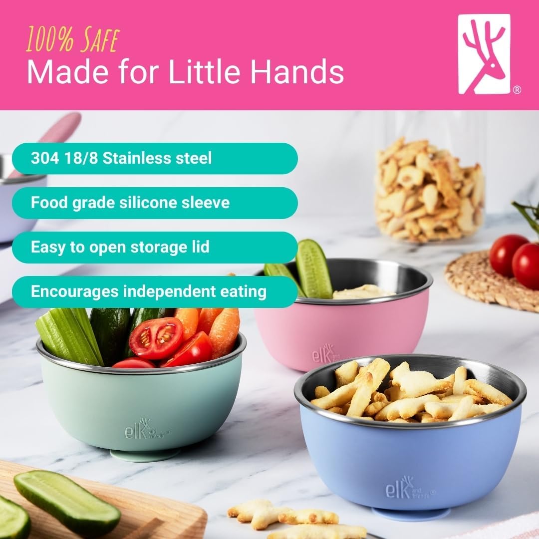 Elk and Friends Stainless Steel Bowls with Silicone Sleeve for Babies & Toddlers | Lids Included | Stay Put Suction | Cereal & Snack Bowls | 4 Pack