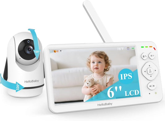 HelloBaby Baby Monitor with Camera and Audio, Large 6'' Video Baby Monitor No WiFi,30-Hour Long Battery, 320° Pan-Tilt Camera with 2X Zoom, Night Vision, 2-Way Talk,ECO,1000ft, Portable, 150 Languages