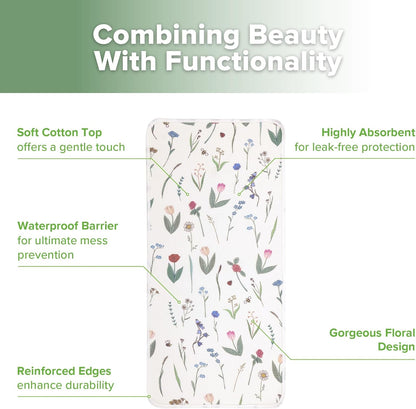 haakaa Waterproof Changing Pad Liners, 100% Cotton, Soft & Breathable (2pcs, 13" x 27.5" Honey Blossom+Vintage Garden)