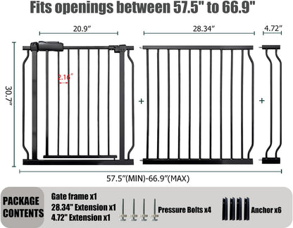 Extra Wide Baby Gate 62-67 Inch, Pressure Mounted Safety Child & Pet Gate - Black Metal - Large Walk Through - Long - for House Doorways & Stairs, 30 Inch Tall