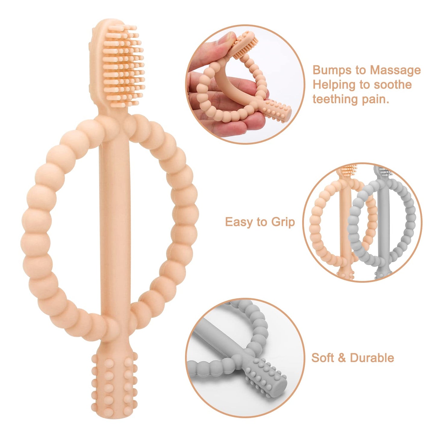 Baby Teething Toys with Easy-Hold Handle, Silicone Infant Toothbrush, Textured On Both Sides Helps Massage, Soothe Sore Gums, Teething Toys for Babies 0-6 Months, 6-12 Months Peach Powder & Gray