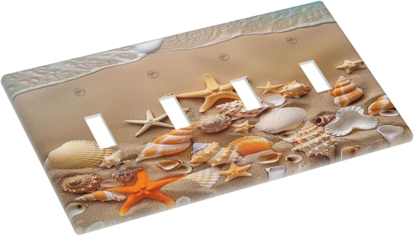 Decorative Switch Covers Plate Beachy Sea Ocean Seashell Starfish 4 Gang Artistic Wall Plate Unique Quad Toggle Light Switch Plate Jumbo Faceplate for Bathroom Bedroom Home Decor