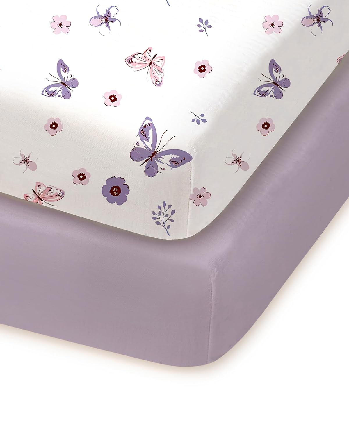 Pack and Play Sheets Fitted, Soft Purple+Butterflies, Hypoallergenic, Cozy and Safe, 2 Pack for