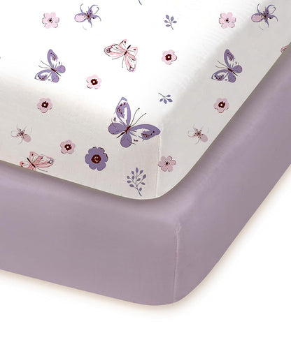 Pack and Play Sheets Fitted, Soft Purple+Butterflies, Hypoallergenic, Cozy and Safe, 2 Pack for
