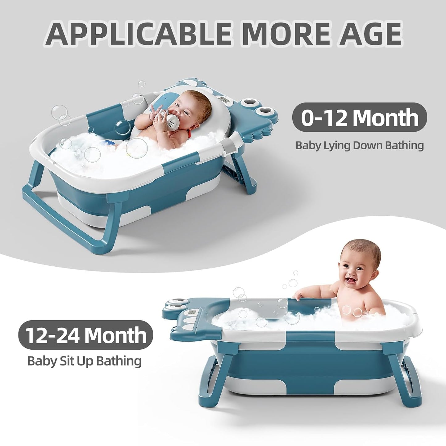TPN Collapsible Baby Bathtub, Baby Bath Tub with Soft Cushion & Real-Time Thermometer, Baby Bathtub