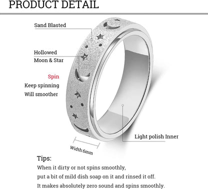 OreilleStar Anxiety Ring for Women Spinner Ring Fidget Ring Fidget Toys Adults Spinner Rings Stainless Steel Silver Rainbow Size 6 Moon Star Band