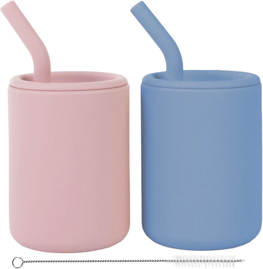 WeeSprout Silicone Baby Cups With Straws and Lids, 4 & 8 oz Options, Set of 2, Food Grade Toddler Training Container, Built In Straw Stoppers, Measurement Markings, Dishwasher Safe + Straw Cleaner