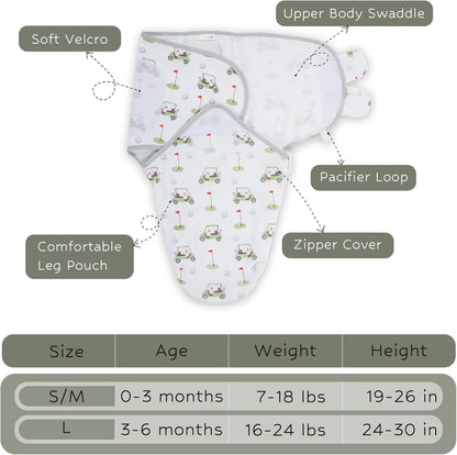 LollyBanks Baby Swaddles, 100% Organic Cotton Swaddles for Newborns Boys and Girls, 0-3 Months Swaddle Sacks with Easy Change Zipper, Swaddle Neutral Baby Registry (Golf Print)