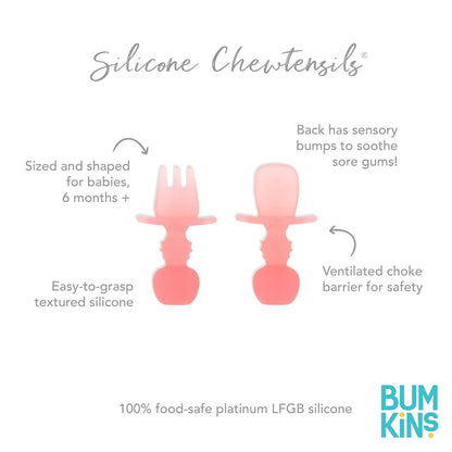 Bumkins Baby Utensils Set, Chewtensils Silicone Spoons for Dipping, Self-Feeding, Baby Led Weaning, Trainer Learning, First Stage Eating, Soft Practice Fork and Spoon, Babies 6 Months, Pink Jelly