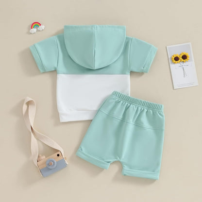 Toddler Baby Boy Summer Hooded Outfit Contrast Color Short Sleeve T Shirt Top Elastic Shorts Summer Clothes Set