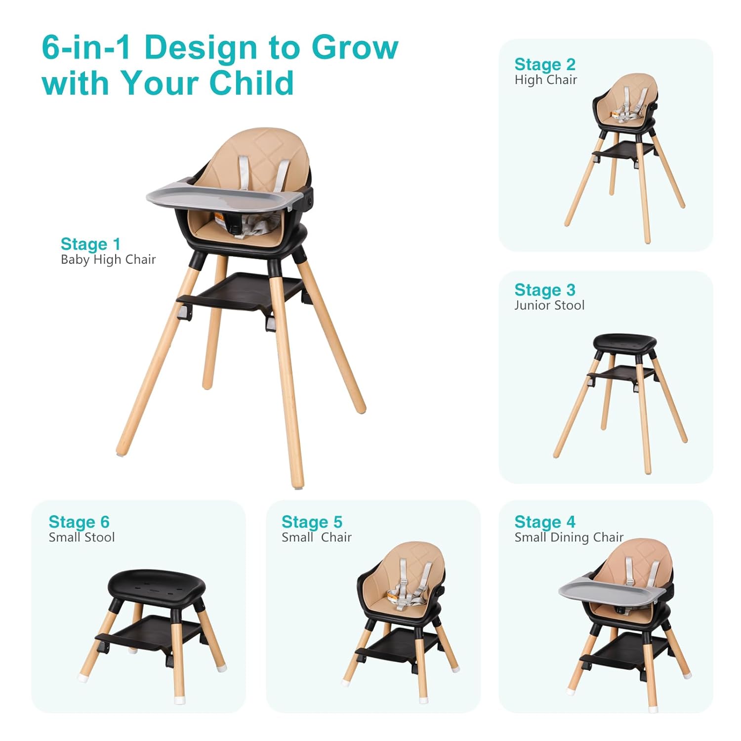 Baby High Chair, 6 in 1 Wooden Convertible High Chairs for Babies and Toddlers, Booster Seat with