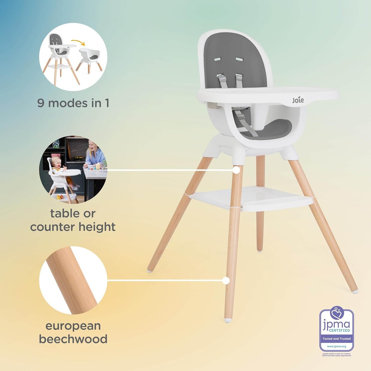 Joie Chai Multi-Mode Highchair - European Beech Wood, Convertible, 9+ Modes, Birth up to 60 lb.