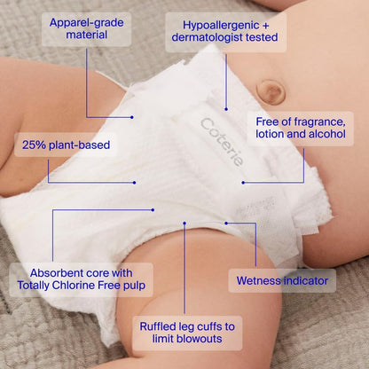 Coterie Baby Wipes + Diapers Kit, Size 1 (99 Count) & Size 2 Diapers (186 Count), 4 Pack (224) Baby Wipes with 99% Water, Plant Based Materials, Hypoallergenic for Sensitive Skin