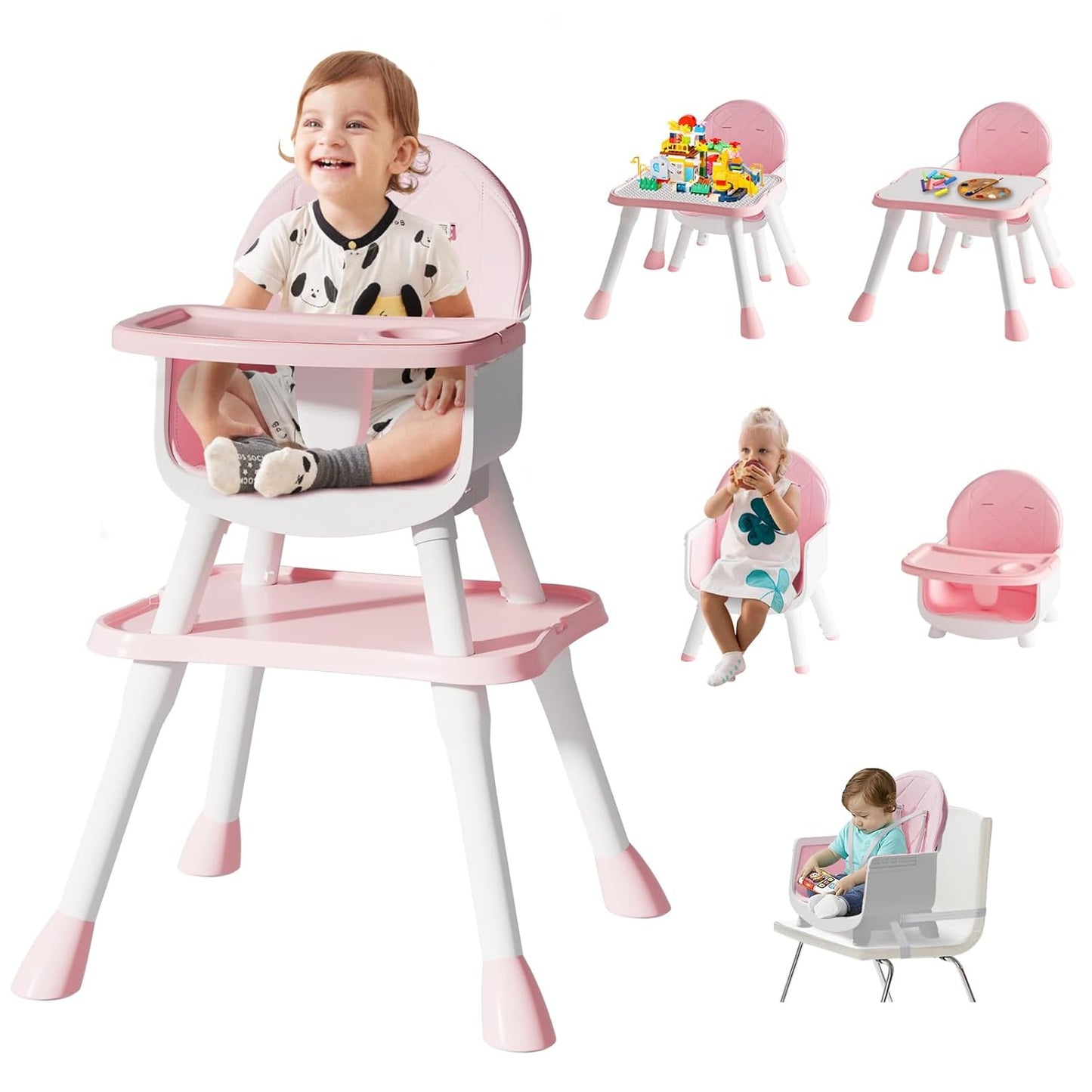 6 in 1 Baby High Chair for Babies and Toddlers, Booster Seat, Kids Learning Table & Chair (Pink)