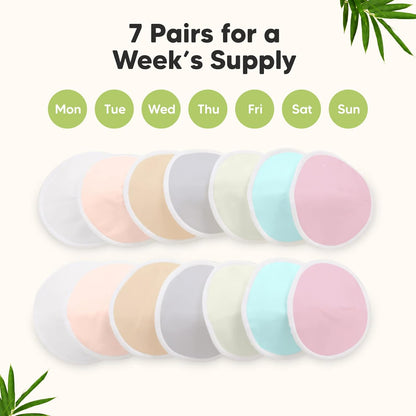 Organic Nursing Pads - 14 Washable Viscose Derived from Bamboo Breastfeeding Pads, Wash Bag