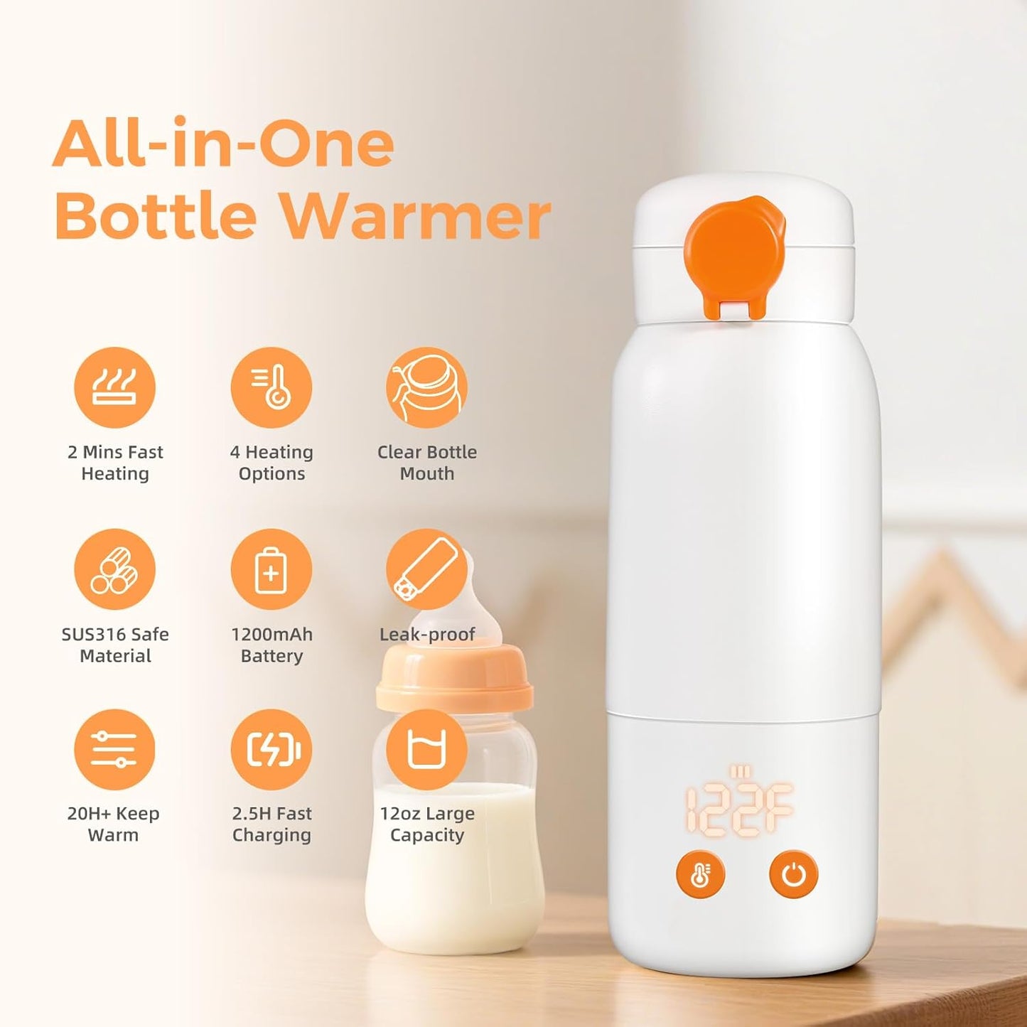Portable Bottle Warmer for Travel, 12oz Large Capacity Fast Heating Breast Milk, Water & Formula On