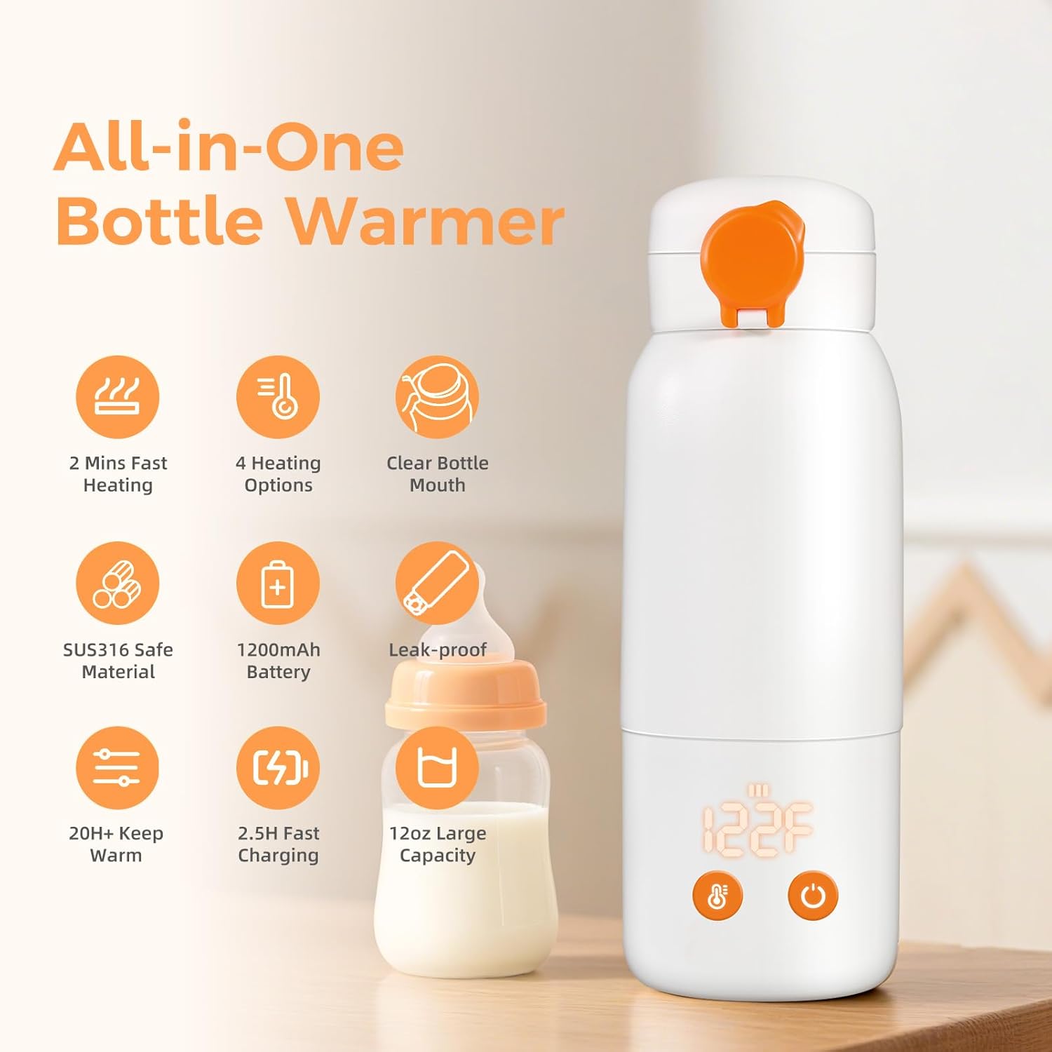 Portable Bottle Warmer for Travel, 12oz Large Capacity Fast Heating Breast Milk, Water & Formula On