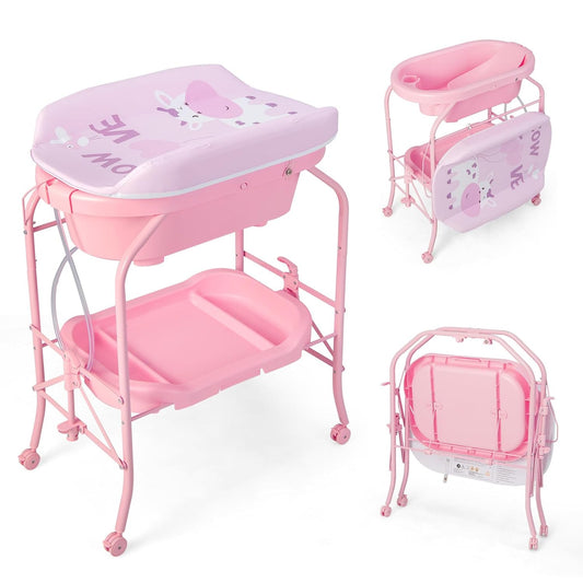 HONEY JOY Baby Changing Table with Bathtub, Foldable Infant Diaper Changing Station with Wheels