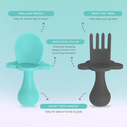 Grabease Baby Spoons and Forks Utensils for Toddlers Infants BPA-Free & Phthalate-Free Baby Silverware, 2 Sets, Teal and Gray - Infant Spoon - Toddler Fork