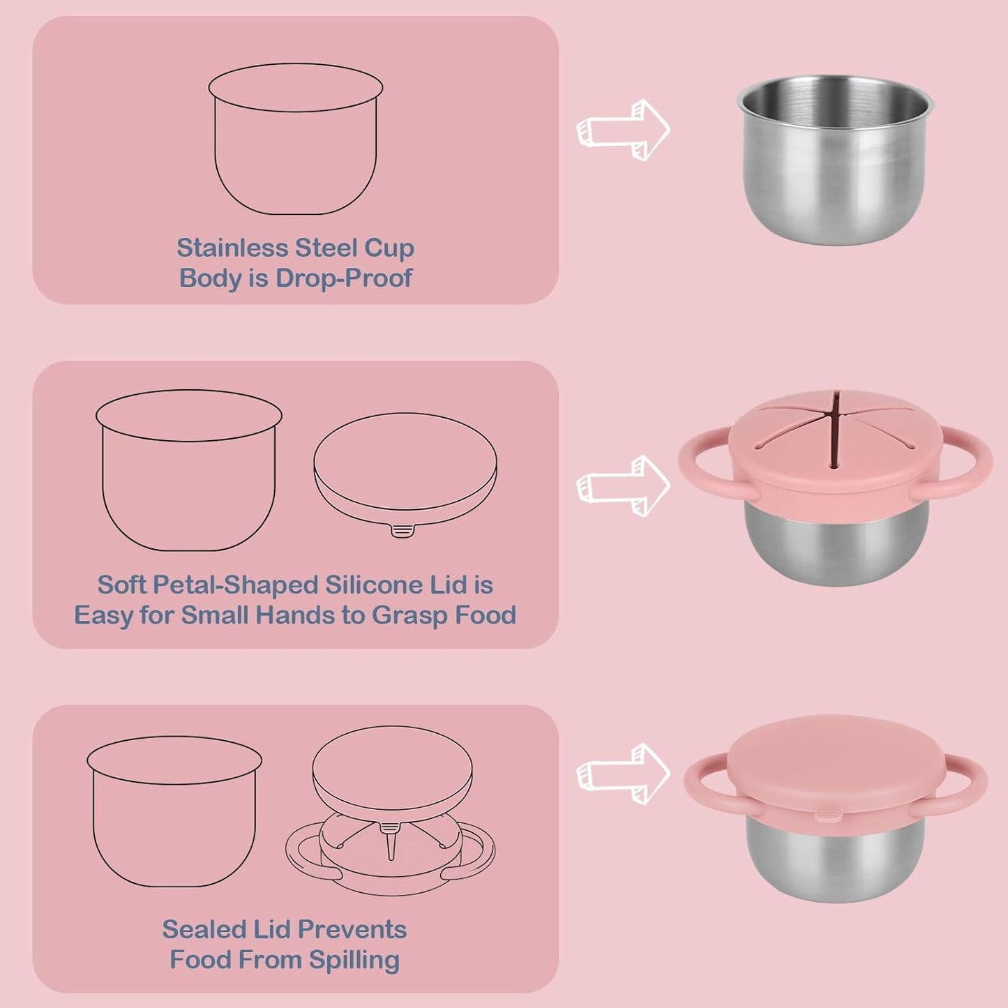 2 Pack Snack Cups for Toddlers Spill Proof - Detachable Stainless Steel Toddler Snack Cups with