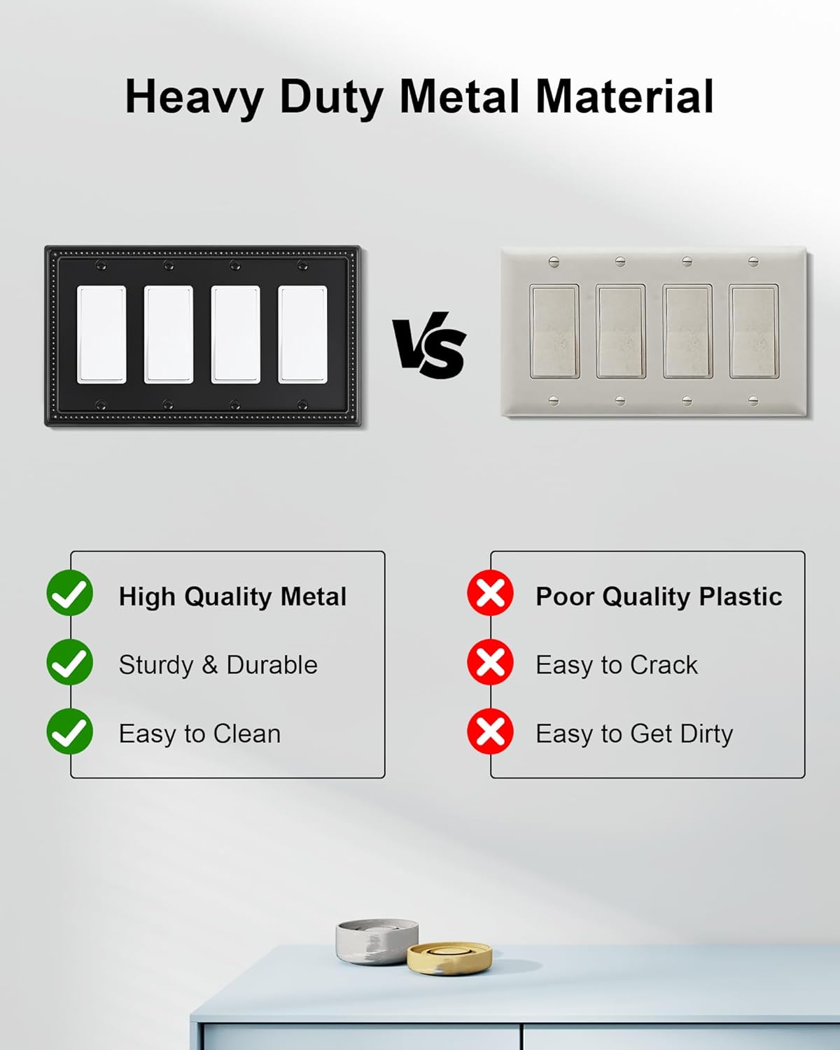 2-Pack Quad Decorator Outlet Cover Plate, Black Pearls Decorative Switch Plates and Outlet Covers, Metal Wall Plates for Electrical Outlets, Receptacle, GFCI Outlet, Dimmer Switch