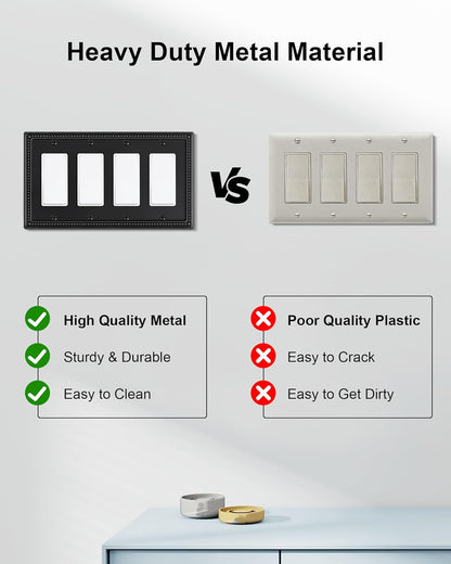 2-Pack Quad Decorator Outlet Cover Plate, Black Pearls Decorative Switch Plates and Outlet Covers, Metal Wall Plates for Electrical Outlets, Receptacle, GFCI Outlet, Dimmer Switch
