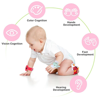 4 Pieces Baby Wrist Rattles Animal Pattern Newborn Foot Rattles Toy for 0-12 Months Babies Boy Girl Infant Birthday Gifts Educational Toys, 4 Designs (Sheep, Dog, Chick, Monkey)