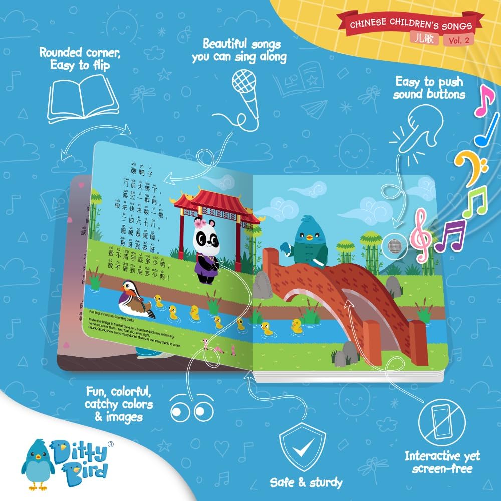 Ditty Bird Chinese Nursery Rhymes Book Children Songs Edition | Bilingual Musical Book for Toddlers, English & Chinese | Fun, Interactive Sound Books for Babies & Toddlers | Mandarin Book for Learning