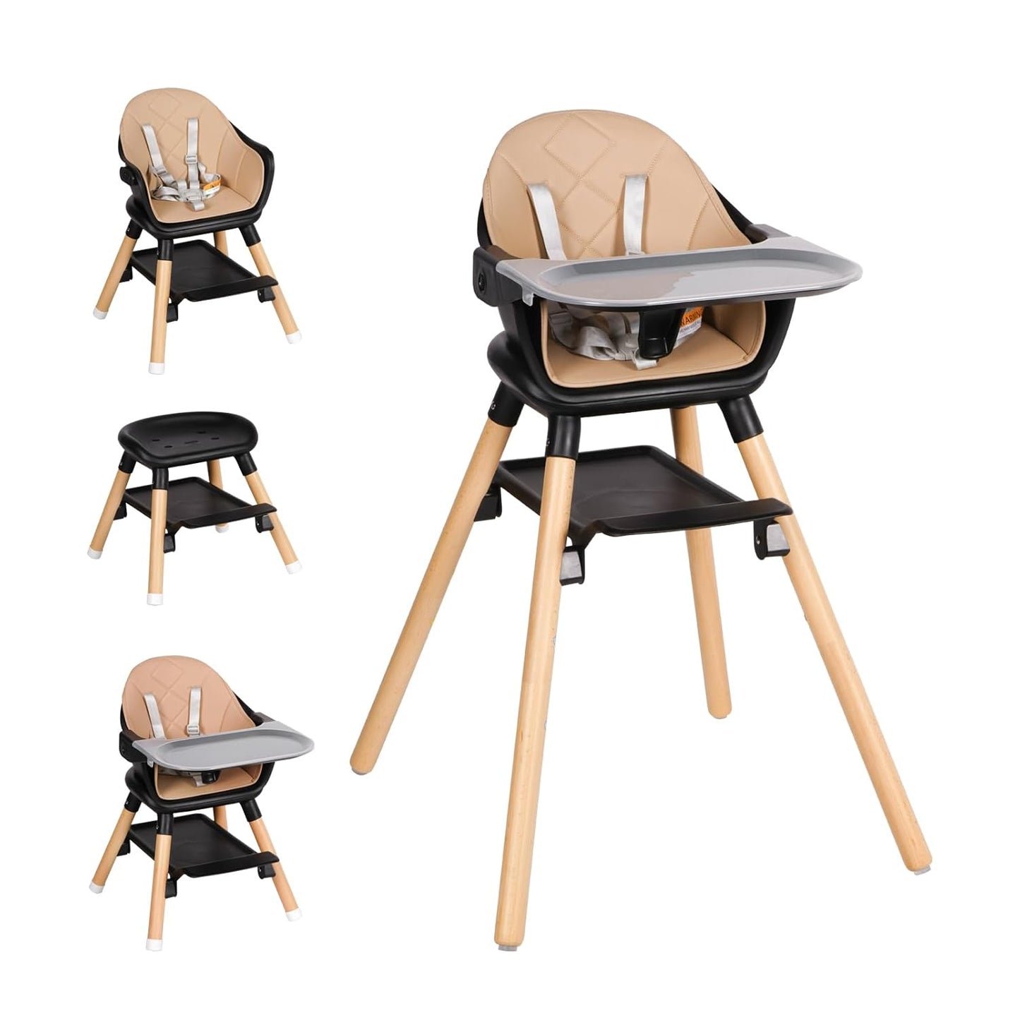 Baby High Chair, 6 in 1 Wooden Convertible High Chairs for Babies and Toddlers, Booster Seat with