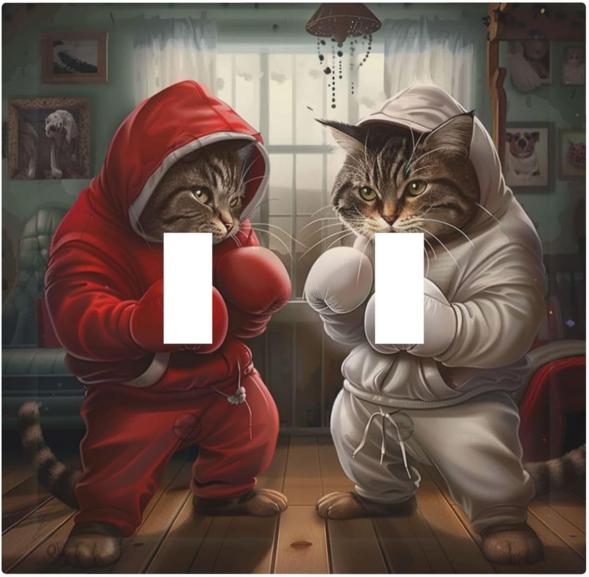 Decorative Switch Covers Plate Funny Red Boxing Cats White Tomcat 2 Gang Wall Plate Unique Double Toggle Light Switch Plate Wall Cover Plate Faceplate for Bedroom Home Decor