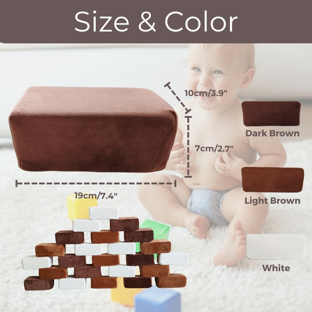 Wonder Space Plush Foam Blocks - Nursery Building & Stacking Toys for Toddlers Boys & Girls, Soft Smooth Velvet Cover, Early Education Gross Motor Skills & Brain Development (24 Bricks, Nougat)
