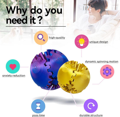 3D Printed Gear Ball ，Gear Ball Spin Ball or Cube Fidget Toy，Gear Sphere Desk Toy,Gift for Stress and Anxiety Relief (purple)