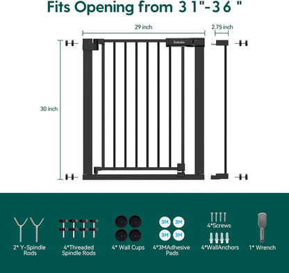 BABELIO Baby Gate for Doorways and Stairs, 31-36" Pet Gate with Wide Walk Thru Door and Lock Indicator, No Drill Pressure Mounted Safety Gate with Double Lock and Self-Closing, Black