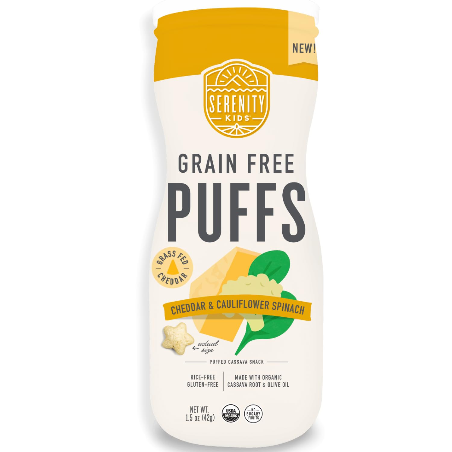 Serenity Kids 6+ Month Baby Food Puffs - White Cheddar & Cauliflower - Grain-Free, Gluten-Free &