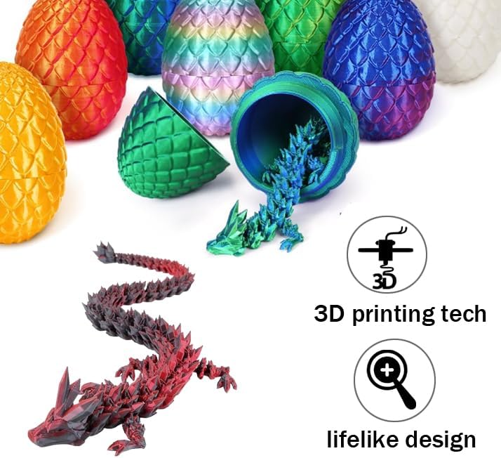 Cessfle 3D Printed Dragon in Egg, Crystal Dragon Eggs with Dragon Inside, Full Articulated Dragon Eggs 3D Dragon Toys, Mystery Dragon Egg for House of Dragon, 3D Printed Animals Fidget Toys