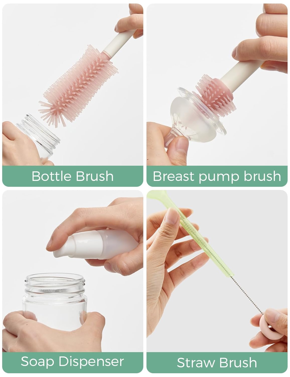 Momcozy Bottle Brush Set - Baby Bottle Cleaner Kit with Silicone Brush, Nipple Brush, Straw Brush