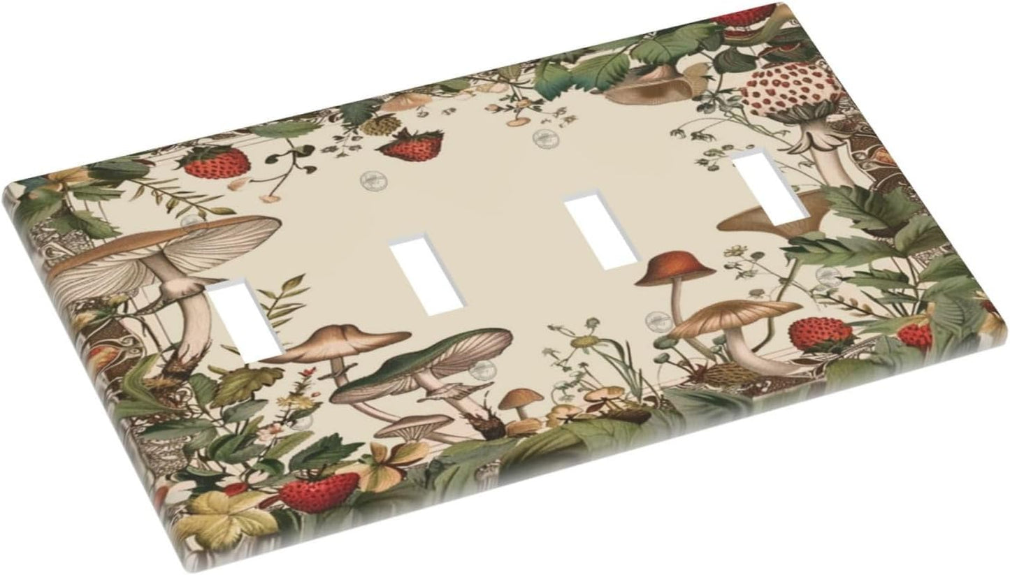 Decorative Switch Covers Plate Rustic Mushroom Garden Red Strawberry 4 Gang Artistic Wall Plate Unique Quad Toggle Light Switch Plate Jumbo Faceplate for Bedroom Home Decor