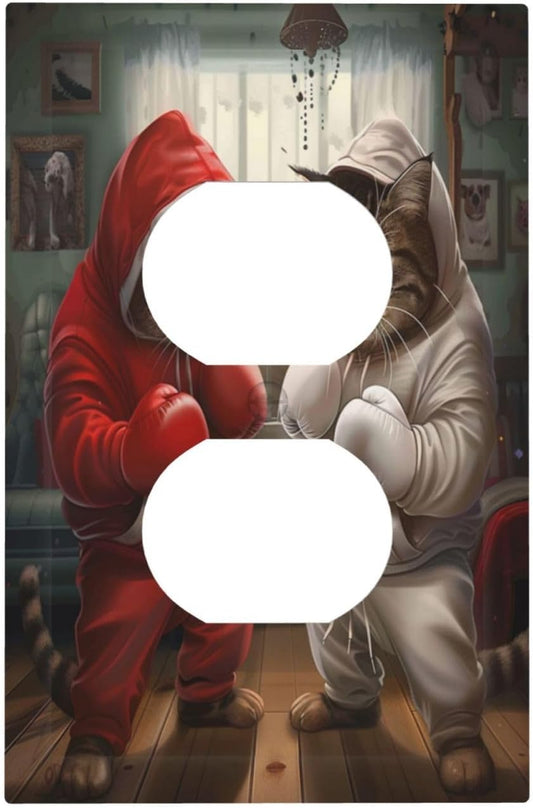 Decorative Outlet Covers Funny Red Boxing Cats White Tomcat 1 Gang Duplex Light Switch Cover Plate Wall Plates for Electrical Outlets Switchplate Faceplate for Bedroom Home Decor