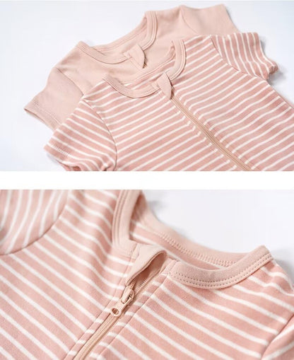 Teach Leanbh Unisex Baby 2 Pack Pajamas Cotton Short Sleeve 2 Way Zipper Stripe Soild Romper Jumpsuit Sleep and Play