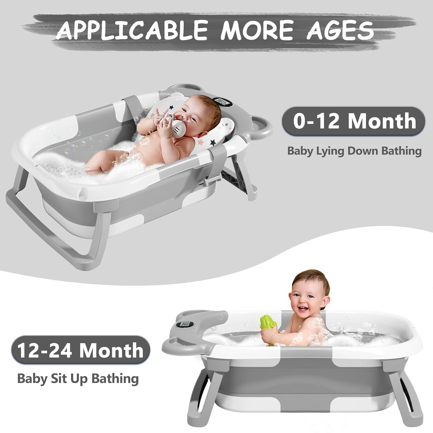 MoreFeel Collapsible Baby Bathtub for Newborn with Thermometer & 1 Hooded Towel & 1 Soft Floating