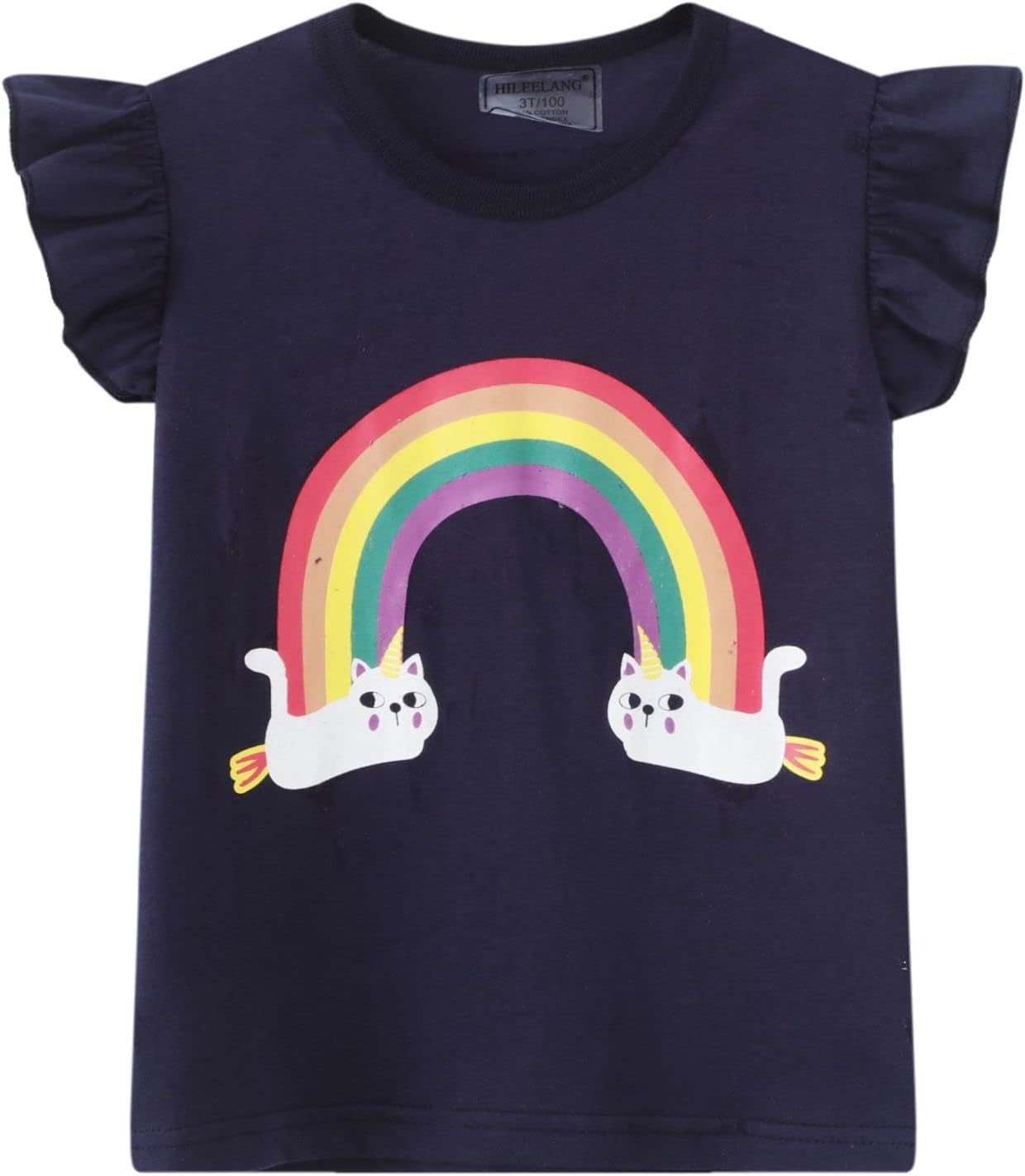 HILEELANG Girls' Tees Ruffle Short Sleeve T-Shirt Cotton Casual Graphic Summer Crewneck Tunic Tops