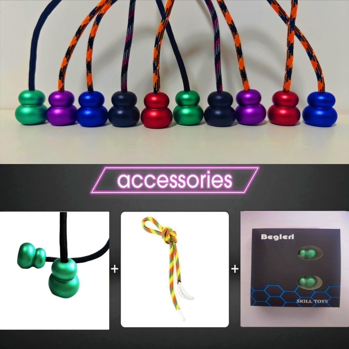 Begleri Fidget Beads, Aluminum Alloy- Practicing EDC Knuckle Finger Skill, Stress Relief Toy for Adult Relieve Anxiety Worry/with Replaceable Rope (Green)