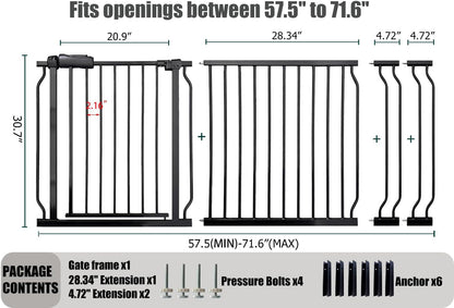 Extra Wide Baby Gate 67-71.6 Inch, Heavy Duty Safety Gate Indoor for Kids & Pets, Black Metal Dog Gate, Pressure Mounted No Drilling Pet Gate for Large Openings, 30 Inch Tall