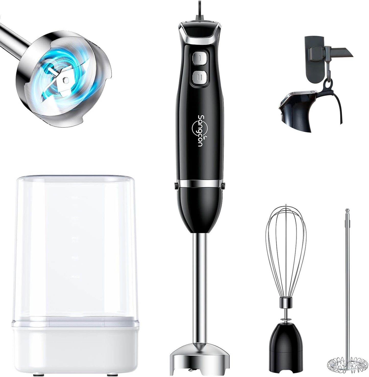 Sangcon 5-in-1 Immersion Blender Handheld, Hand Blender with 1000ml Blending Cup Storage Base