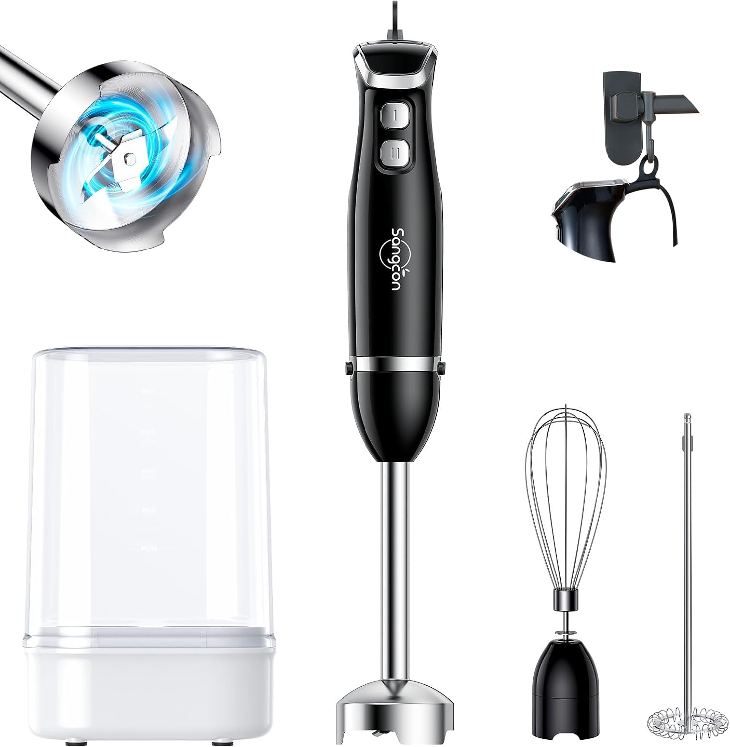 Sangcon 5-in-1 Immersion Blender Handheld, Hand Blender with 1000ml Blending Cup Storage Base