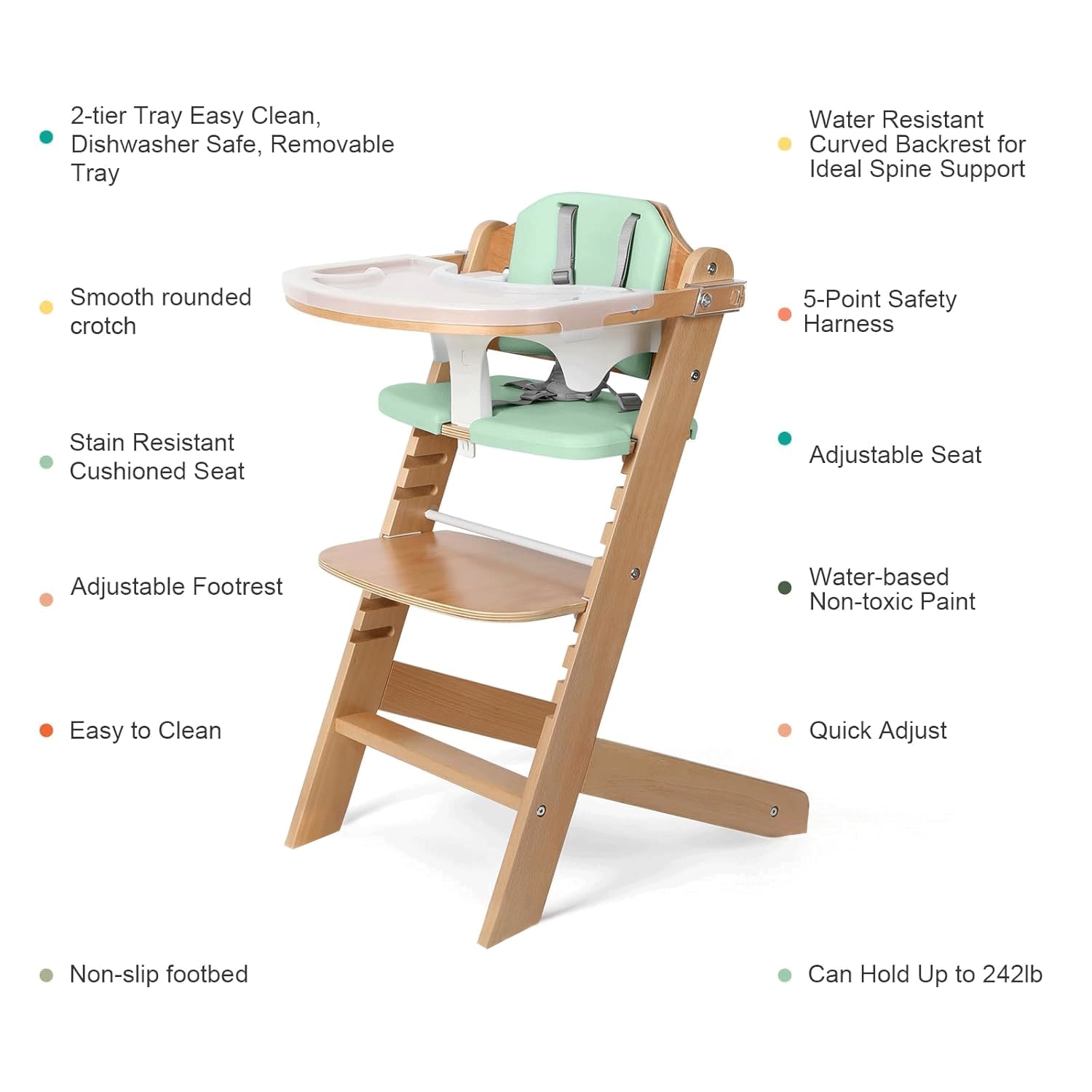 Cowiewie Natural Wooden High Chair for Babies & Toddlers 3-Tier Remove Adjustable Tray and